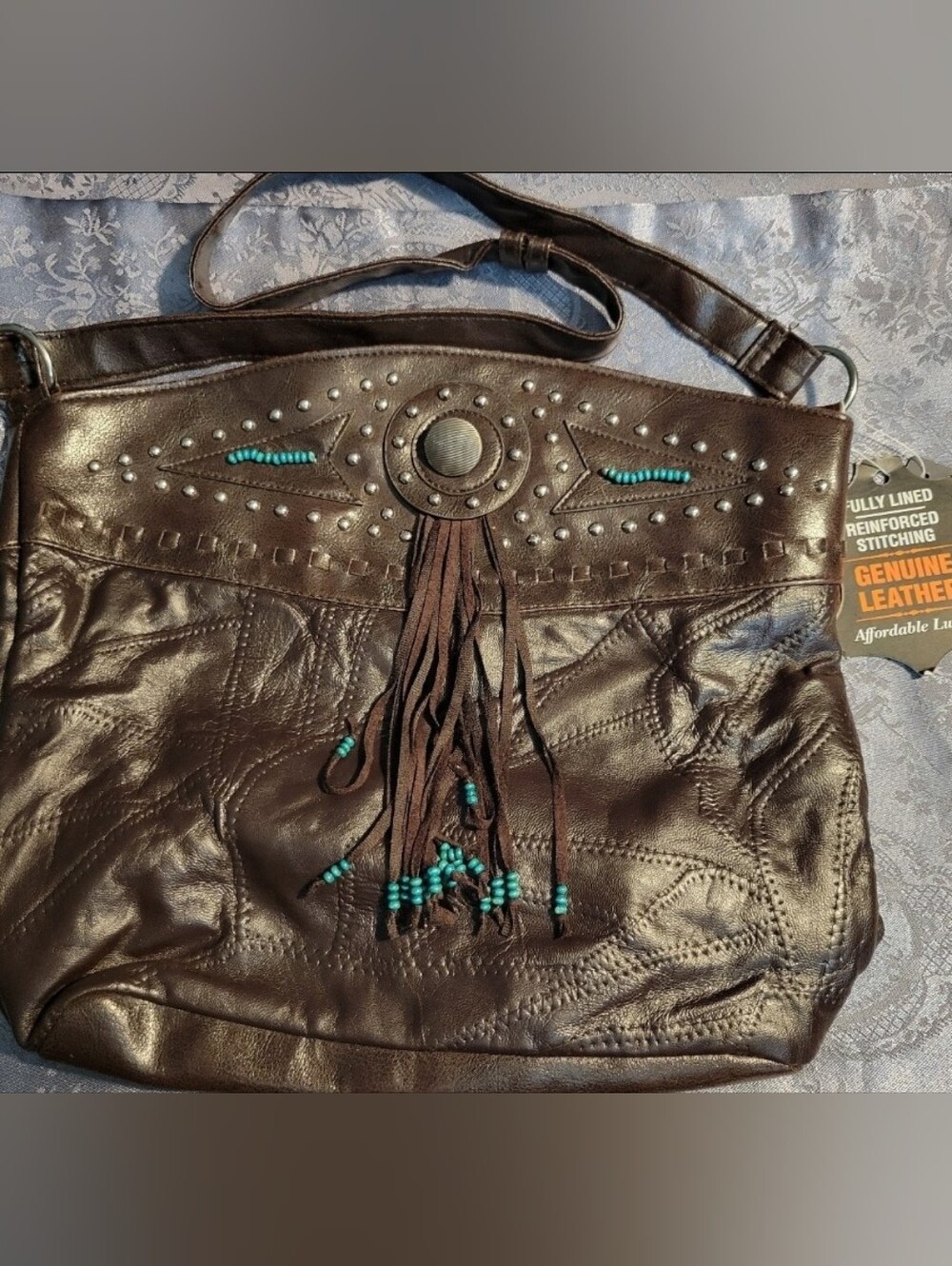 Genuine Leather Shoulder Bag with Fringe and Studs New